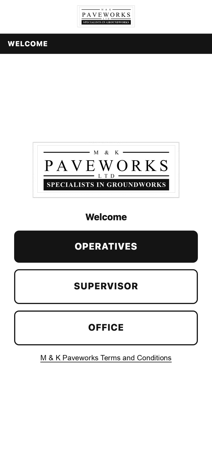 The built welcome screen on a phone: a company logo and three buttons for operatives, supervisor and office.