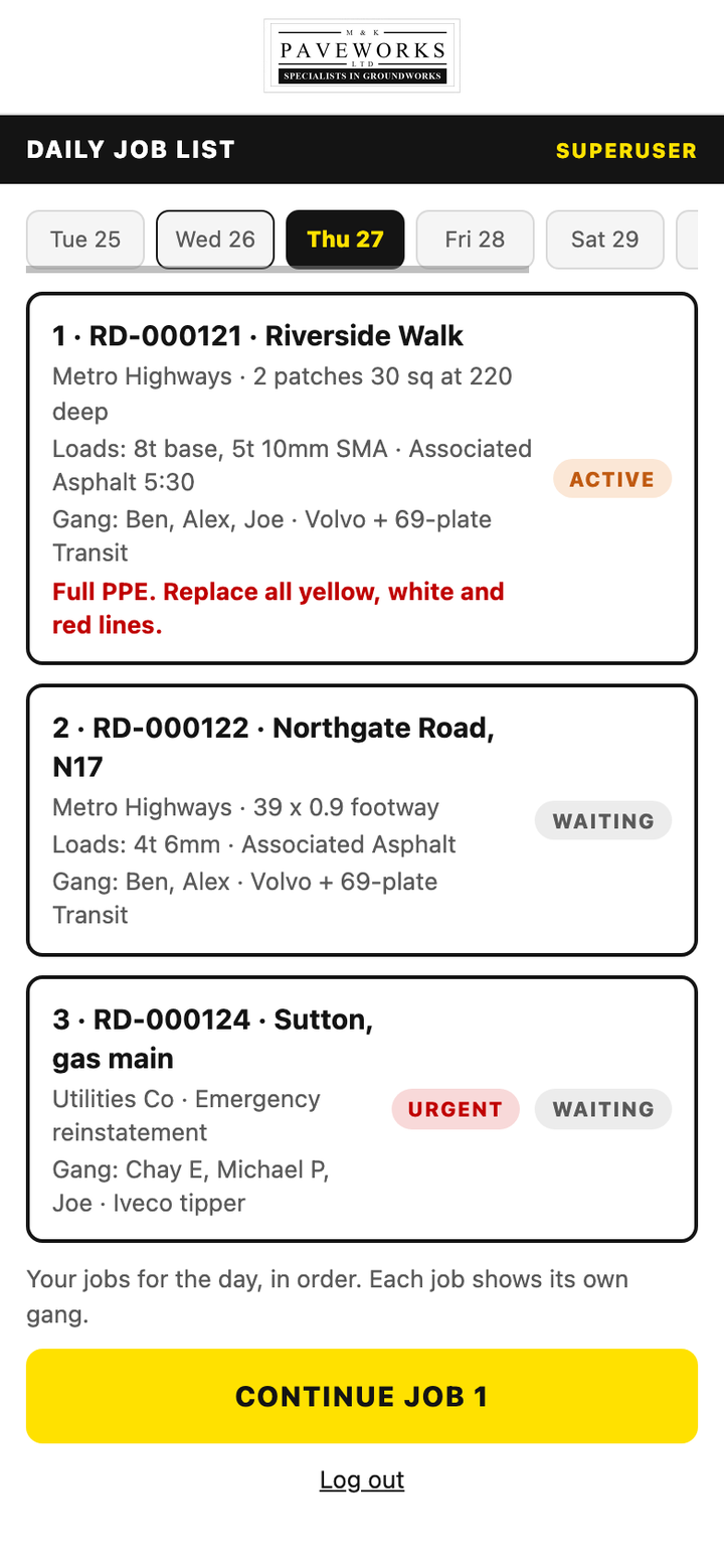 The built daily job list on a phone, showing the jobs assigned to that operative for the day.