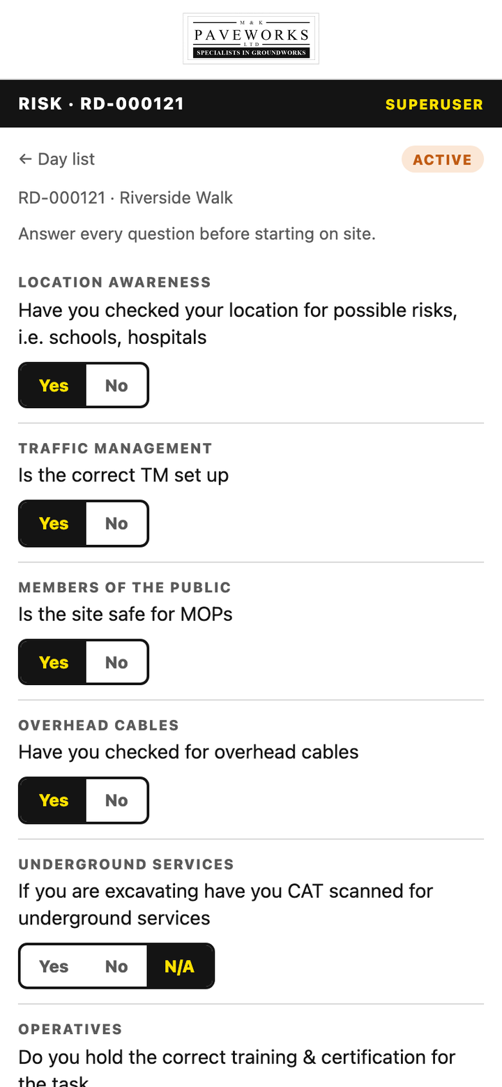 The built risk assessment screen on a phone.