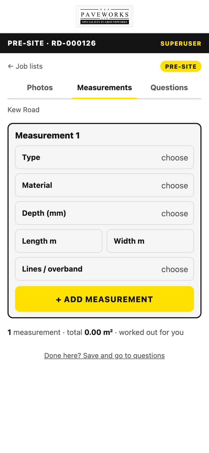 The built measurements screen on a phone.