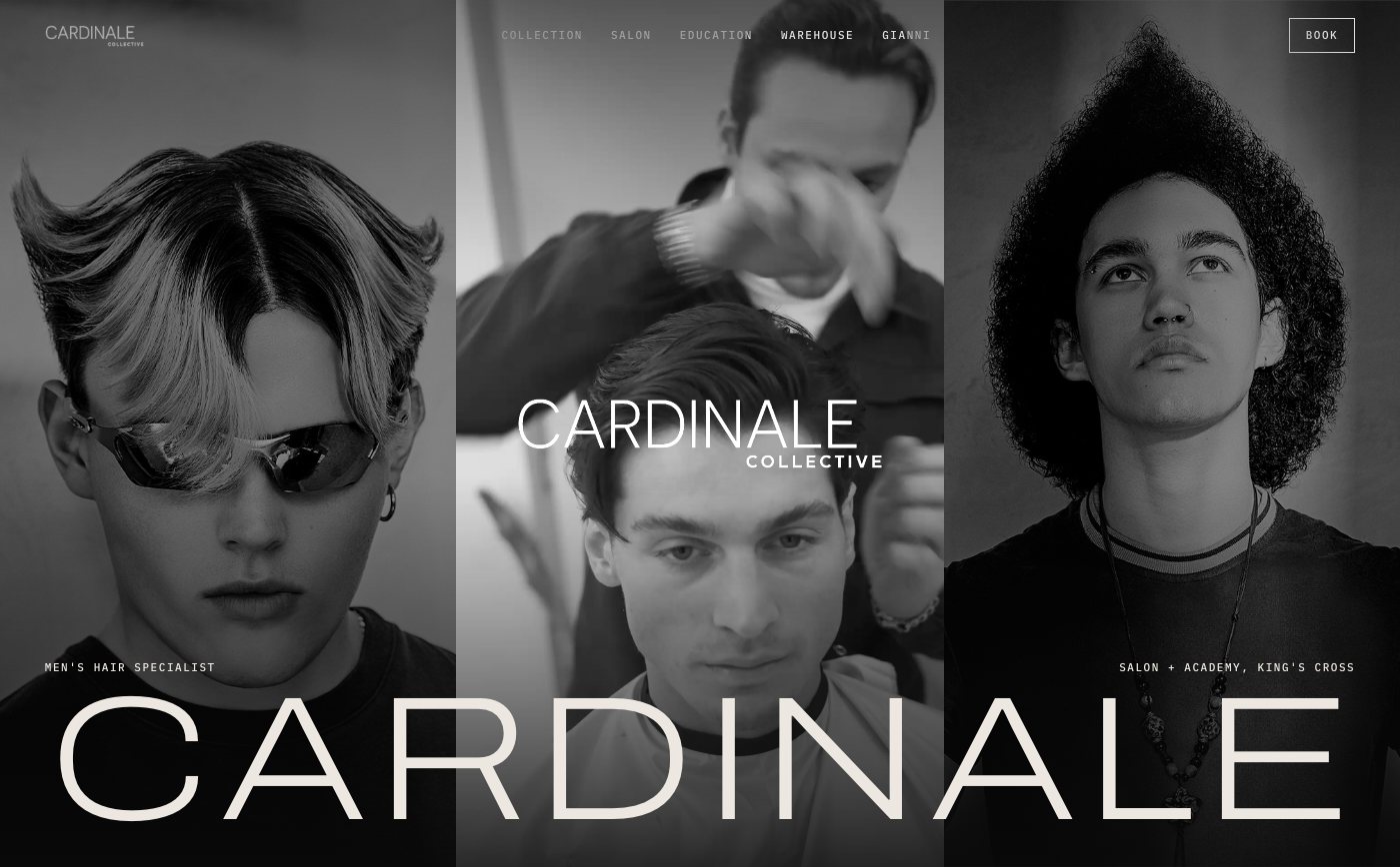 The Cardinale Collective website: black and white portraits from Gianni Cardinale's award collection either side of a salon film, with CARDINALE across the bottom.