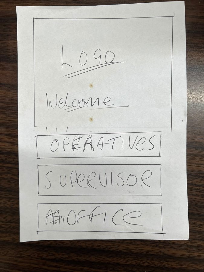 A hand-drawn sketch on paper showing a welcome screen with a logo and three buttons: operatives, supervisor and office.